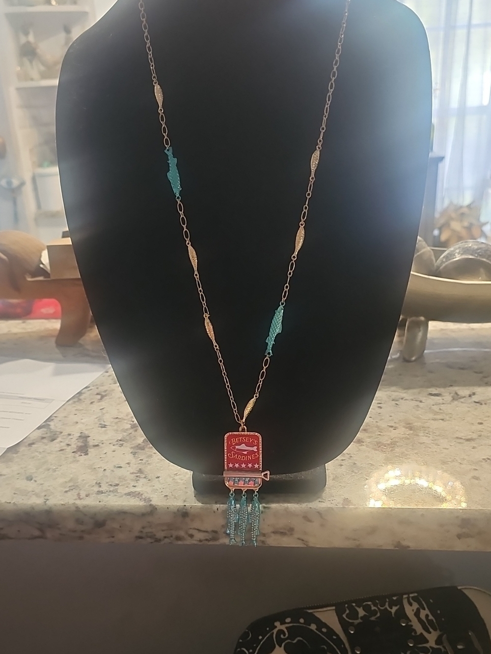 Betsey Johnson Sardines Pendant with Turquoise Beaded Tassels Necklace Sardines